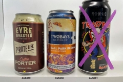 AUS359-361 Pirate Life Brewing Eyre Roasted Coffee Porter, Twobays Brewing Co Ball Park Bloom, Nomad Trooper Iron Maden Australia XPA beer can Austalia