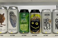 AUT683-688 Bevog Rufous Hare Wallaby Oat IPA, Bevog Northern Spotted Owl Imperial Pale Ale, Bierol Basil Brain, Bierol Koida Kaffee, Shilling Helles, Shilling Granat, Bierdosen aus Österreich, Austrian Beercans, Beer Can Collector Austria