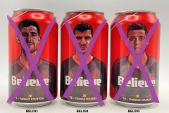 BEL093-095 Jupiler Belive 1 - Thibaut Courtois, 15- Thomas Meunier, 16-Thorgan Hazard, Red Devils Beer Cans, Jupiler Believe Beer Can Set, Beer Can Belgium, Beer Can Collection Belgium