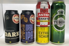 GER1089-1092 Camba Chiemsee Dark, Cama Imperial IPA, Astra Rakete Extra Schub 0,65ml, Tuborg Pilsener 0,65ml, German beer can collecction, Deutsche Bierdosen Sammlung