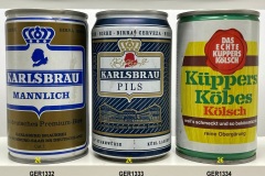 GER1332-1334 Karlsbräu Mannlich, Karlsbräu pils, Küppers Köbes Kölsch, reine Obergärung in der 0,33 Dose, German Beer Can, Deutsche Bierdosen, Beer can collection Germany, Bierdose Deutschland, Retro Dosen