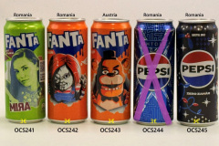 OCS241-245 Fanta Mira Gust tropical Romania, Fanta Ocale Chucky Romania, Fanta Orange Austria, Pepsi Untold Romania, Pepsi Zero Zahar Christmas Edition Romania, Pepsi can collection, pepsi can collector