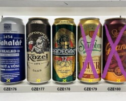 CZE176-180 Bakalar Nealko World Beer Awards, Kozel Dark, Radegast 12, Starorno Extra Horky Bitr Lezak, Staropramen Grand Polotmavy, Czech beer cans, beer can collection Czech, Tschechische Bierdose