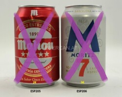 ESP205-206 Mahou Cinco Estrellas, Moritz Barcelona 7 Lager, Spain Beer Can, Cervza Latta, Bierdose Österreich, beer can Austria, Bierdosensammler Österreich, beer can collection
