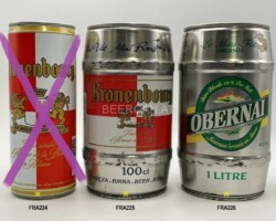 FRA224-226 Kronenbourg 50cl, Kronenbourg Mini Barril 100cl, Obernai Le Mini Fut 1 Litre, canettes de bière françaises Bierdosen Frankreich, French beer can collection, beer can collector France