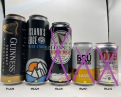 IRL028-032 Guinnes Draught Nitrosurge, Islands Edge Irish Stout, Guinness Original Extra Stout, Brú Brewery Lager, The 1979 Project Aldi beer can, Irish beer cans, Guinness Beer cans