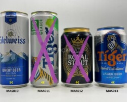MAS010-013 Edelweiss Wheat Beer brewed in Malaysia, 330ml Slim Can, Tiger Flavoured Lager 330ml Slim Can, Royal Stout Malaysia, Tiger Lager Beer Malaysia, Malasia Beer Can Collection, South East Asia Beer Cans, Beer Can Collector Asia, Guinness Asia