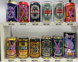 NZL017-028 DB Export Lager 355ml, DB Export Gold 355ml, DB Draught Beer 330ml, Kiwi Lager Premium Lager, Kiwi Lager Premium Beer 375ml, lily Lager Mount Cook Line Welcome to the Bay of Islands Straight Steel Can, Lion Ice, Lion Red, DB Mako Special, Steinlager Lager Beer New Zealand, Tui East India Pale Ale, New Zealand beer can collection, beer can from New Zealand, Bierdosen aus Neuseeland