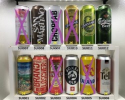 SUI001-012 Swiss beer cans, Schweizer Bierdosen Quöllfrisch, Brandlöscher, Anker, Boxer Old, Alander, Tell, Prix Garantie Helvetia, San Martino, Chopper, Cardinal, Carlsberg