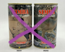 SWZ001-002 Simba Imported Lager Wild Life Series Number 14 Rhinoceros, Simba Imported lager Wild Life Series Number 24 Damara Dik-Dik, SWAZILAND (ESWATINI) Beer Can Collection, Afria Beer Can Collector, Beer Can from Swaziland, Swaziland Beer Can, Eswatini Beer Can Collector