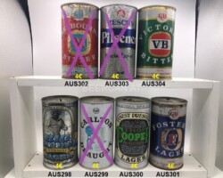 AUS298-304 Australian Big Barrel 750ml, Carlton Draught 750ml, Coopers Finest Premium Lager 750ml, Fosters Lager 750ml, Melbourne Bitter 750ml, Reschs Pilsener Special Export 750ml, Victoria Bitter 750ml Straight Steel Cans from Australai, Australian Steel Beer Cans, ABCCA, Australian Beer Can Collectors, Beer Can Collection Australia