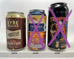 AUS359-361 Pirate Life Brewing Eyre Roasted Coffee Porter, Twobays Brewing Co Ball Park Bloom, Nomad Trooper Iron Maden Australia XPA beer can Austalia
