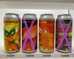 AUS397-400 Brick Lane Brewing lime & Pineapple Sour, Passionfruit & Guyana, Words of a Feather Mango & Lychy, Welcome to Hollywood Pina Colada, Australian craft beer can