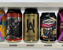AUS505-509 Twobays Mandarin Rice Lager, UpflowBrewing Co. Urban Myth No Alc Pale Ale, Vandesree Non Alcoholic Ipa, Zytho Brewing Australian beer can collection, beer cans Australia