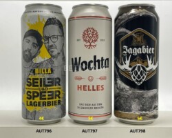 AUT796-798 Billa Seiler und Speer Lagerbier, Wochta Helles, Wochta Jagabier, Wochta Dosenbier Österreich, Beer cans from Austria. Wochta Bier, Billa Seiler und Speer Bier Egger