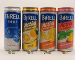 CZE318-321 Birell Svetly, Birell Active Menej Cukru Citrus & Zazvor, Birell Active Mene Cukru Mango & Citron, Birell Active S Kofeinem Zeleny Caj & Broskev, 330ml Slim Cans Czech Republic, beer can collection Czech Republic, Czech Beer Can, Tschechische Bierdosen