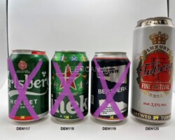 DEN117-120 Carlsberg Med Holed Side on Side, Heineken Euro 2020 Denmark, Royal Export Bersaerk, Tuborg Fine Festival Beer beer can from Denmark, Danish beer can collector, Danish beer can Collection