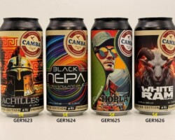 GER1623-1626 Camba Achilles Emmer Beer Braumeister Edition #85, Camba Black Neipa New England IPA Braumeister Edition #82, Camba Hopla Dry Hop Lager, Camba White Ram Heller Bock, Braumeister Edition #83, German Craft Beer Can, German Beer Can Collection, Deutscher Bierdosensammler, Bierdosen Museum Österreich