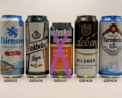 GER1635-1639 Chiemseer Hell, Finkbräu Lager, HopfenHeld Expertenbiere Sommer Frische, Radeberg Pilsner, Original Turmbräu 0,0%, Deutsche Bierdosen, Bierdosensammlung, Beer Can Collector Germany, Bierdosenmuseum Munderfing