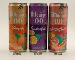 GER1662-1664 Bitburger 0.0 Peach 0,33ml, Bitburger 0.0 Passionfruit 0,33ml, Bitburger 0.0 Grapefruit 0,33ml, Sleek non Alkoholic Beer cans from Germany, German Beer Can Collector, Beer Can MUseum Munderfing, Austria