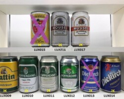 LUX009-017 Battin, Bofferding Lager Pils, Diekirch Premium, Henri Funk pils, Mousel, Luxembourg beer can collection, beer can Luxembourg