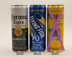 MEX025-027 Corona Extra Export to Peru, Flying Fish Sabor Lima Limon, Cerveza Premium, Pacifico Clara Export to Peru, Slim 355ml beer can Mexico