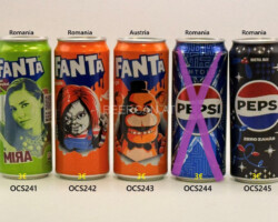 OCS241-245 Fanta Mira Gust tropical Romania, Fanta Ocale Chucky Romania, Fanta Orange Austria, Pepsi Untold Romania, Pepsi Zero Zahar Christmas Edition Romania, Pepsi can collection, pepsi can collector