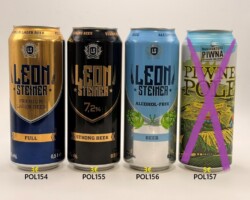 POL154-157 Leon Steiner Premium Lager Beer, Leon Steiner 7,2% Strong Beer, Leon Steiner Alkohol-Free Beer, Manufaktura Piwna Piwne Pole, Polish Craft Beer, Beer Can Poland, Polen Bierdose, Bierdosen Museum Österreich