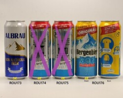 ROU173-176 Albrau Non Alcoholic Beer, Bergenbier Editie Aniversara Limitata, Bergenbier Original Tricou Raffle Edition, Romanian Beer Can Collector, Beer Can Collection from Romania, Bierdosenmuseum Munderfing