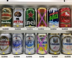 SUI043-054 Swiss beer cans, Schweizer Bierdosen; Birell, Calanda Edelbräu, Calanda Bräu, Cardinal, Edelfalke, Gurten Gold, Heineken, Hürlimann, Panache Bilz, Pony Spezial Hell