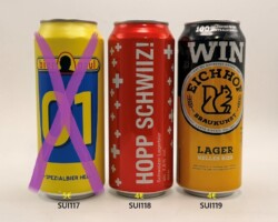 SUI117-119 Bier Paul 01 Spezialbier Hell, Hopp Schwiiz! Schweizer Lagerbier, Eichhof Braukunst Lager Helles Bier WIN, Schweizer Bierdosensammlung, Bierdosenmuseum Munderfing