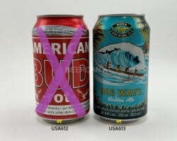USA612-613 American BUD rot Sticker, Kona Brewing Co. Big Wave Golden Ale, American Craft Beer Cans, USA Beer Can Collector, BCCA, USA beer can, American Beer cans, Beer Can Collector, Craft Beer Can USA
