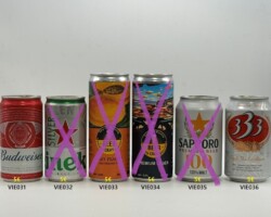 VIE031-036 Budweiser Slim 250ml Can Vietnam, Heineken Sliver Can 300ml Vietnam, Tony Vu´s Brewing Beer Craft Hazy Peachy, Tony Vu´s Brewing Beer Craft Premium Lager Hanoi, Sapporo Premium Beer 100 Vietnam 330ml, 333 Triple the Excellence 330ml Vietnam, Vietnam Craft Beer Collector, Vietnam Beer Cans, Vietnam Special Edition Bier Cans, Bierdosensammlung Vietnam, Bierdsoen Vietnam, Bierdsoen Museum Munderfing